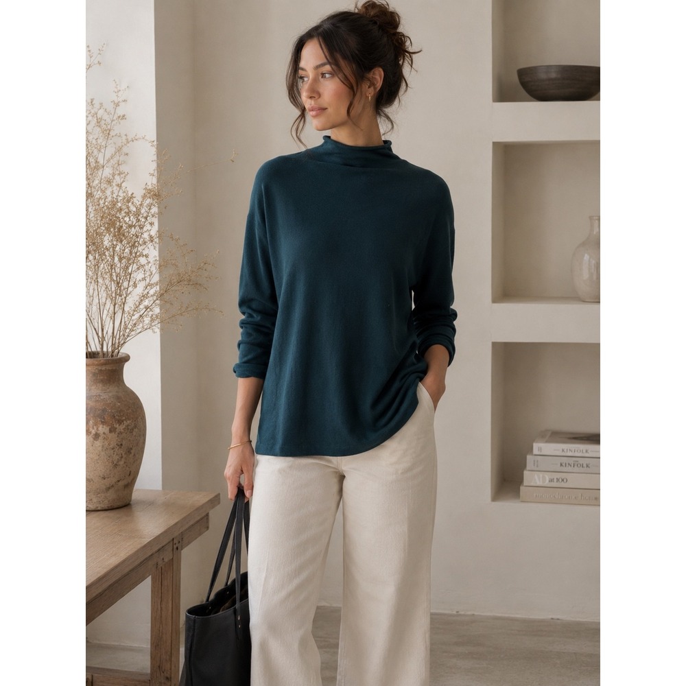 Vince Dark Teal Mock Neck Long Sleeve Knit Top Women's M Soft Stretch Pullover
